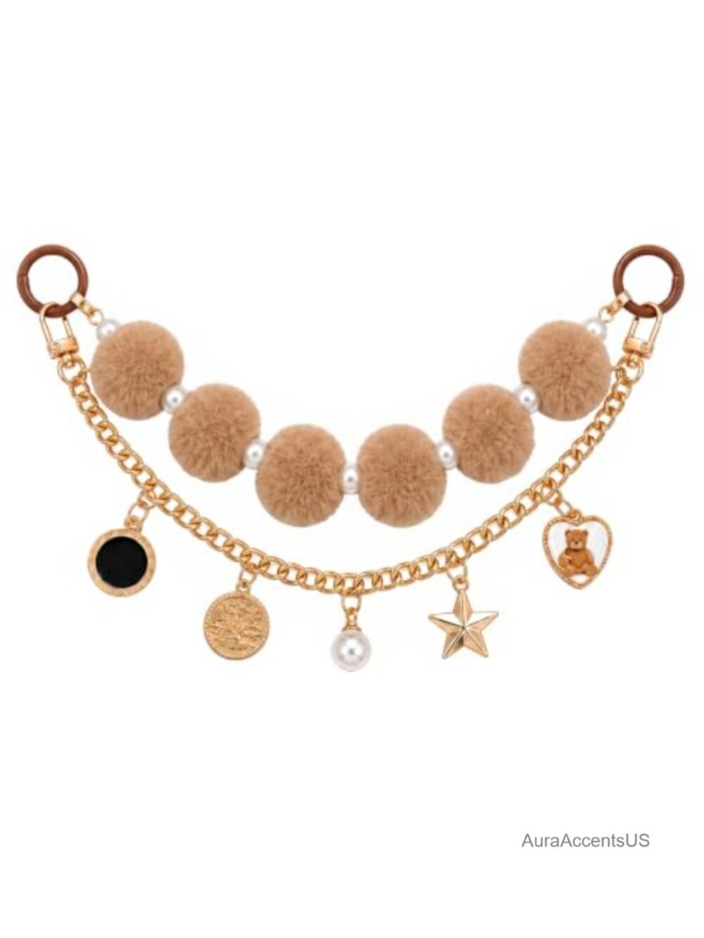 Fluffy Pom Pom Bag Charm Chain Double Clasp Purse Charm for Handbags Gold
